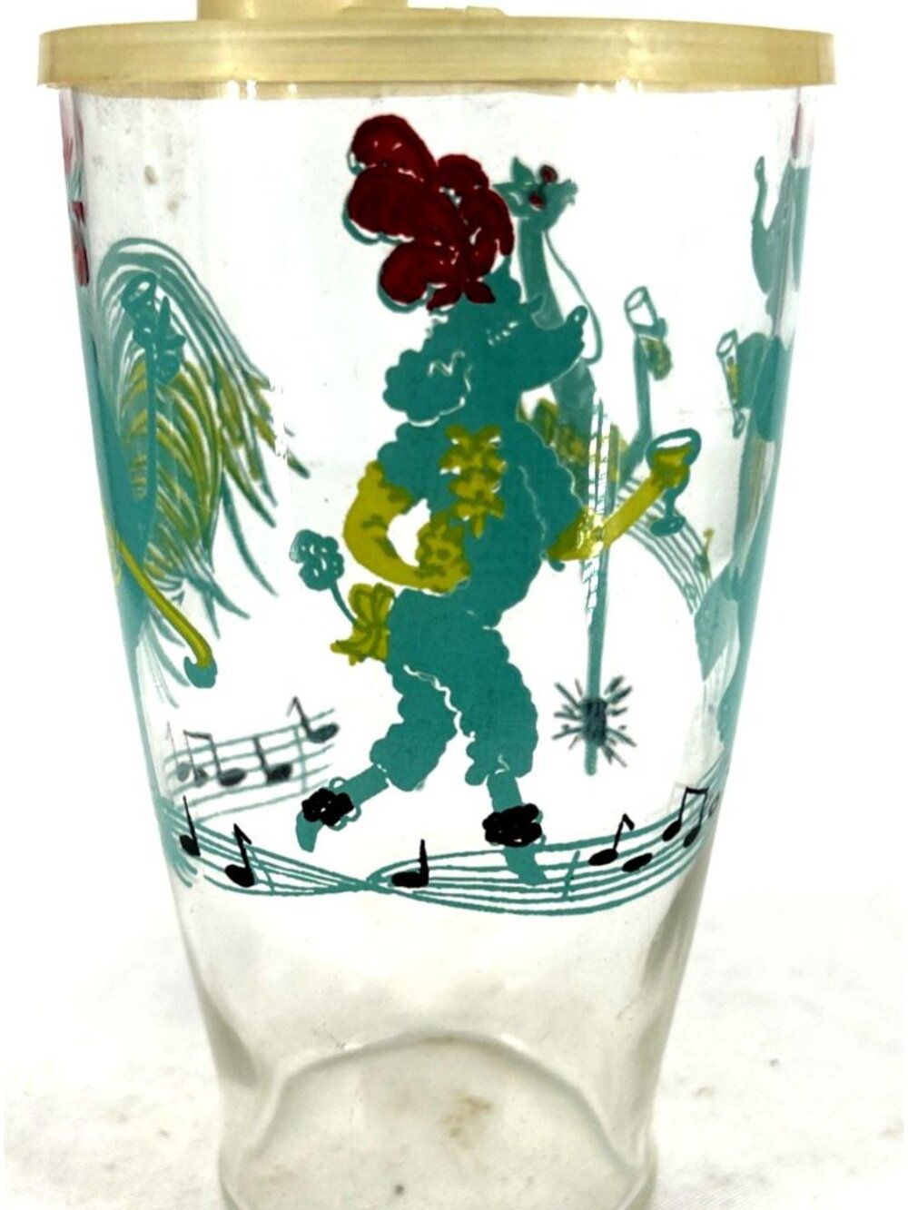 Dancing Animals Cocktail Shaker Glass with Lid Enamel 7" Poodles Rooster Giraffe